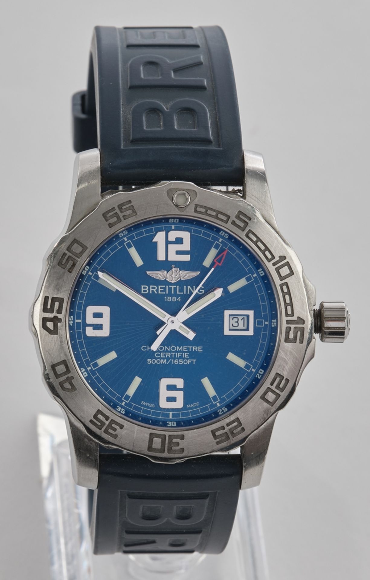 Herrenarmbanduhr, Breitling Colt 44, Chronograph, Ref. A74387, Stahl, blaues Zifferblatt, blaues Ka