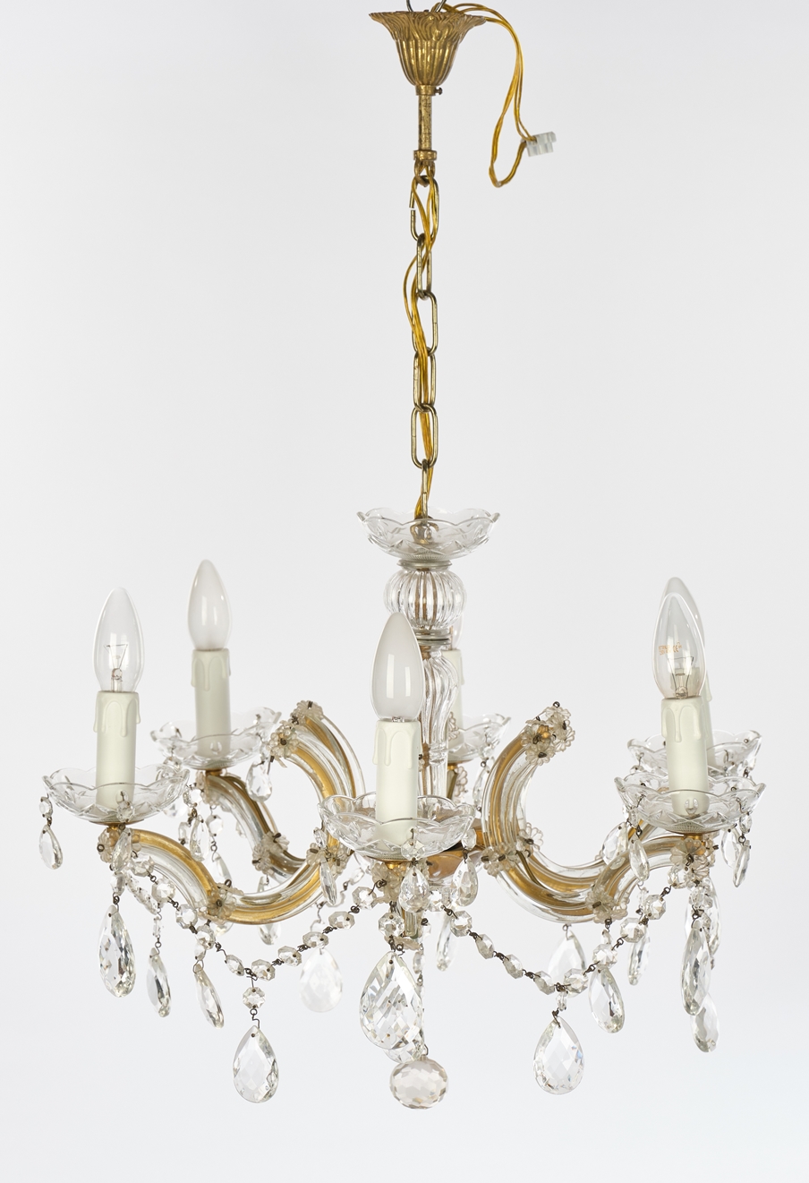 Deckenlüster, 20. Jh., Form Maria Theresia, Kristallglasbehang, sechsflammig, elektrifiziert, ca. 7