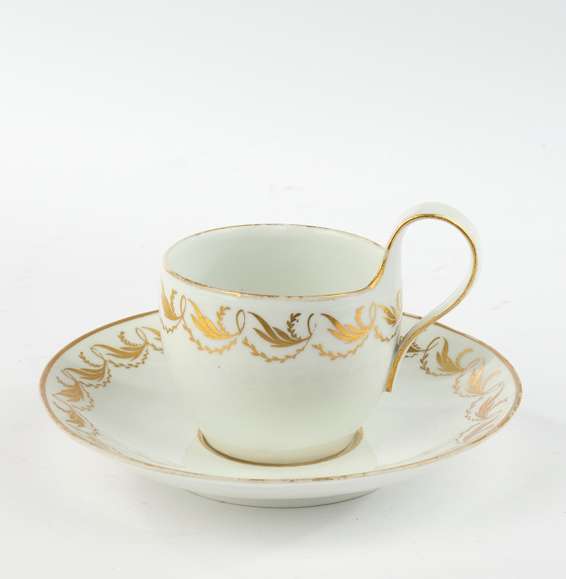 Tasse mit Untertasse, Meissen, Schwertermarke, 1774-1817, 1. Wahl, Goldbordüre, Goldrand, 7.8 cm ho