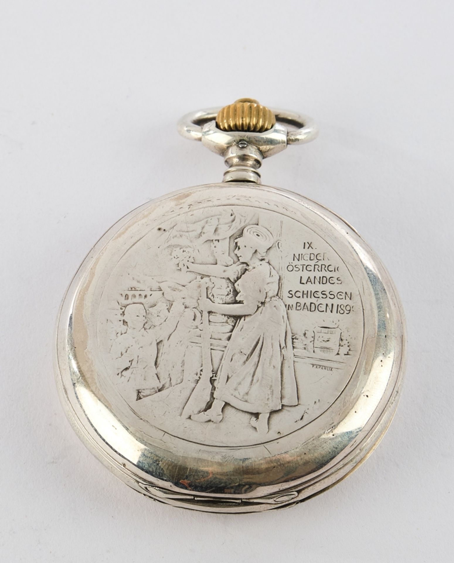 Savonette, IWC, um 1895, Silber, in den Deckel eine Münze eingearbeitet, darauf Schützenliesl vor e - Bild 2 aus 5