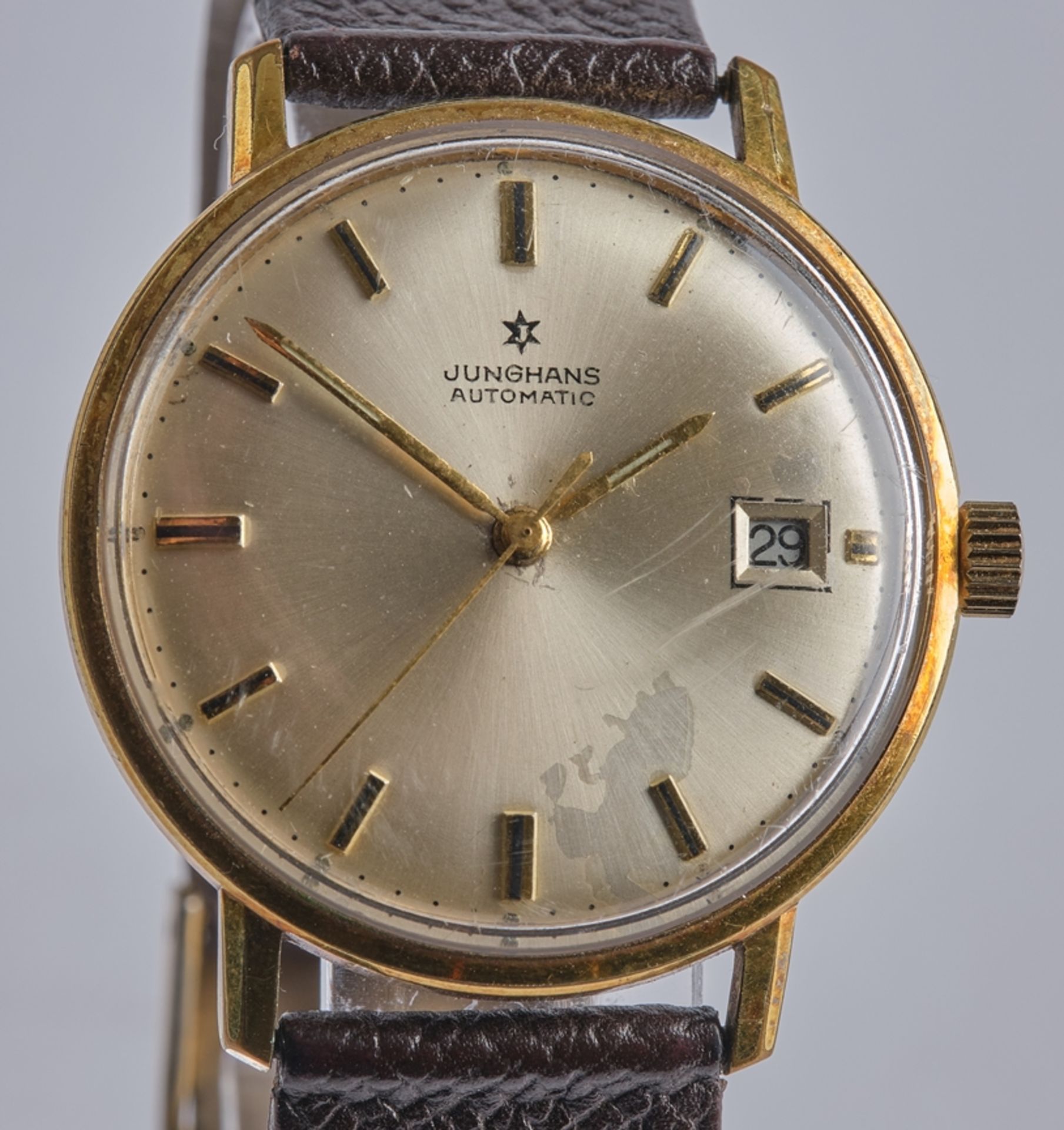 Junghans, Herren-Armbanduhr, 1960er Jahre, Gehäuse vergoldet, Zifferblatt mit Strichindizes und Dat - Bild 3 aus 4