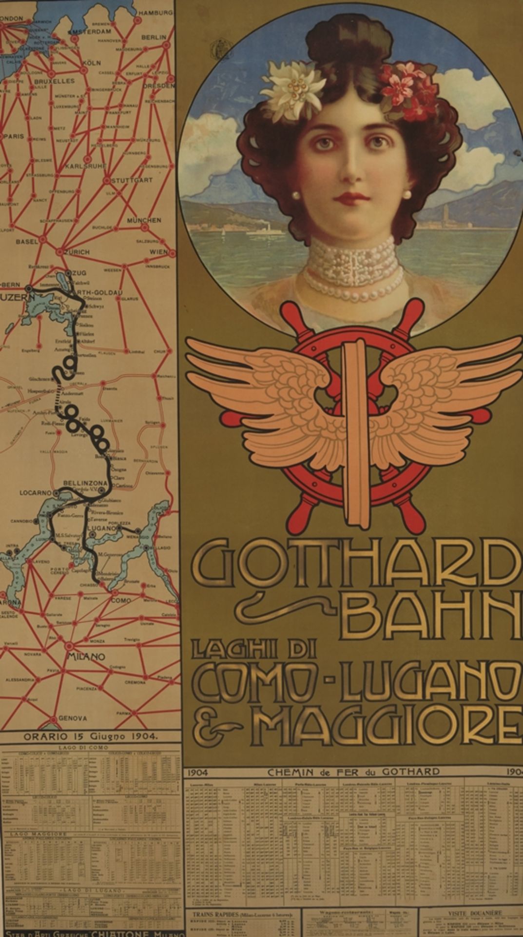 Plakat / Lithographie, "Gotthard Bahn", Jugendstil, Schweiz, 1903, Druck Gabriele Chiattone (1853 -