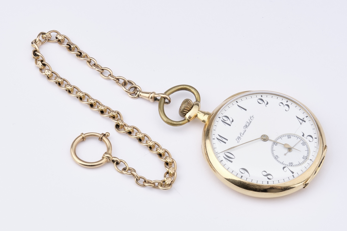 Taschenuhr, wohl England, Gehäuse GG 750, bez. "Ste Croix Watch Co", brutto ca. 72 g, an Uhrenkette