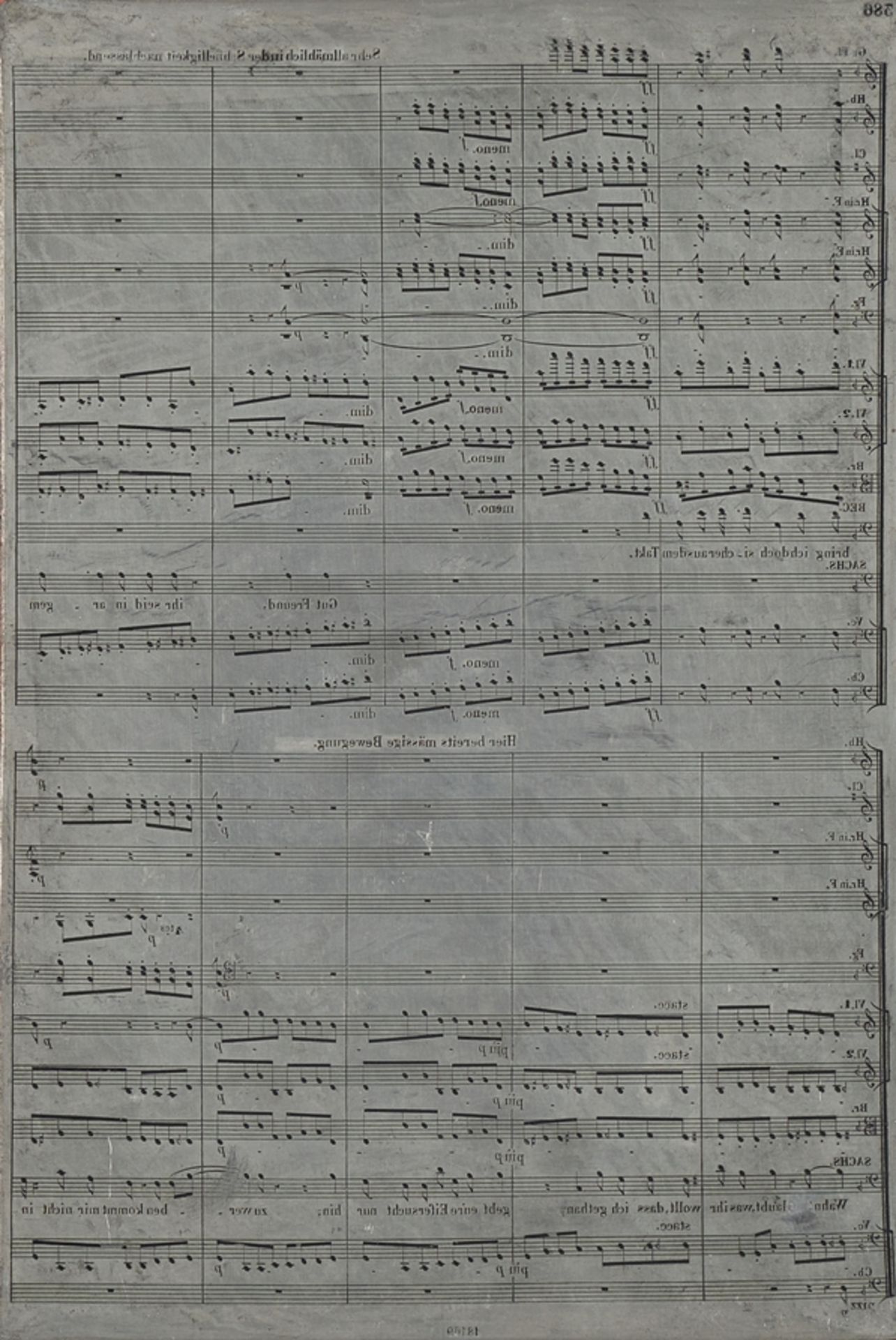 Druckplatte eines Notenblattes, Richard Wagner, 1. Meistersingerpartitur, Schott und Söhne, Mainz,