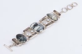 Armband, Silber 925, Moosopal und Perlen, ca. 20.5 cm lang