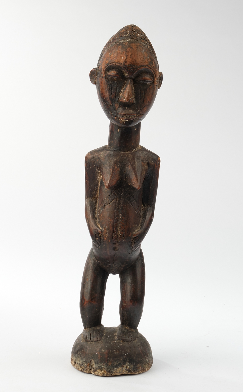 Figur, "blolo-bla", weiblich, stehend, Baule, Elfenbeinküste, Afrika, Holz, schwarzbraune Patina, S