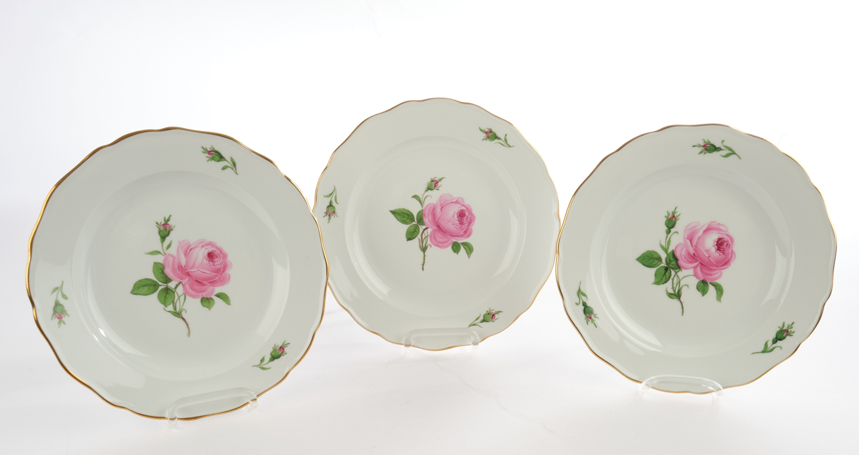 3 Speiseteller, Meissen, Schwertermarke, 1. Wahl, rote Rose, Goldrand, ø 25 cm, 1x 1924-1934