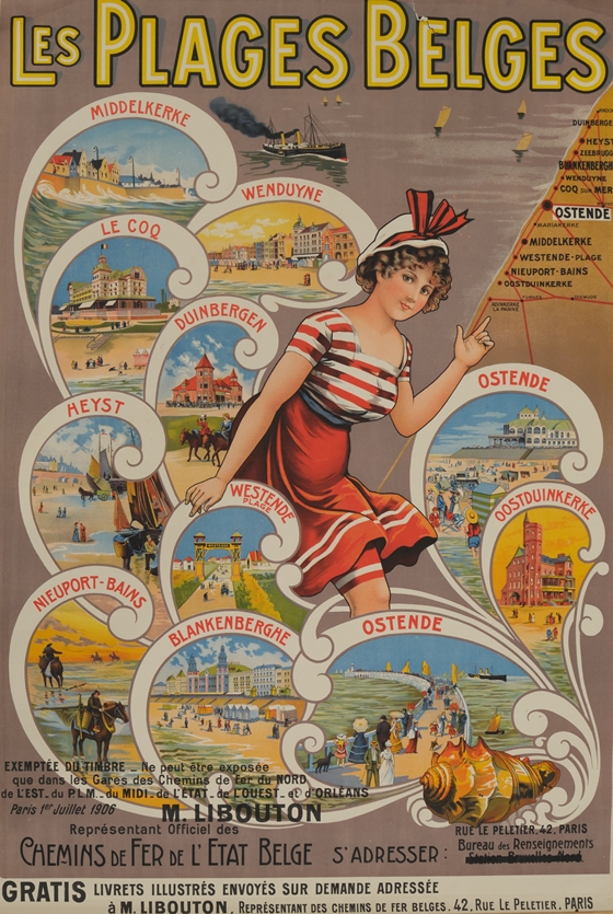 Plakat, 1. H. 20. Jh., "Les Plages Belges", 105 x 107 cm (Blattmaß), o.R., Gebrauchsspuren