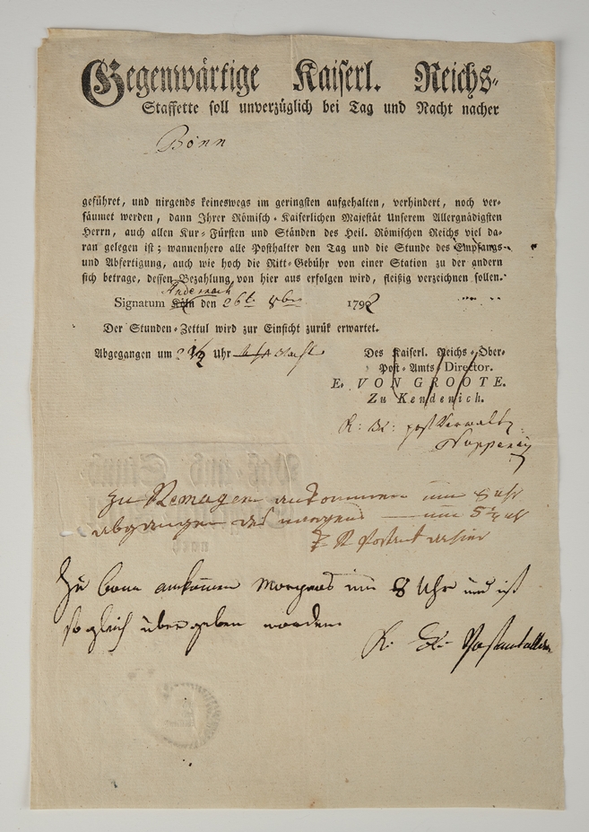 Urkunde, "Paß- und Stund-Staffetten-Zettel - Bonn / Remagen", 1792 (?), ausgestellt in Andernach vo
