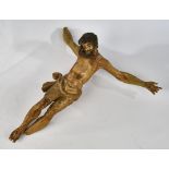 Skulptur, Holz geschnitzt, "Kruzifix", 17. Jh., 45 cm, Fassung stark übergangen, Fuß und Hand fehl