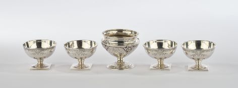 5 Gewürzschälchen, Silber 925, 20. Jh., 1x verschieden, 4 cm hoch (4x), 6 cm hoch (1x), zus. ca. 17