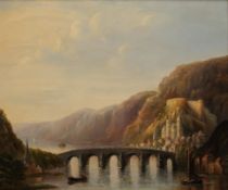 Deutscher Meister (19. Jh.), "Flusslandschaft mit Brücke", Öl auf Holz, 23.3 x 29.1 cm