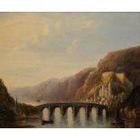 Deutscher Meister (19. Jh.), "Flusslandschaft mit Brücke", Öl auf Holz, 23.3 x 29.1 cm