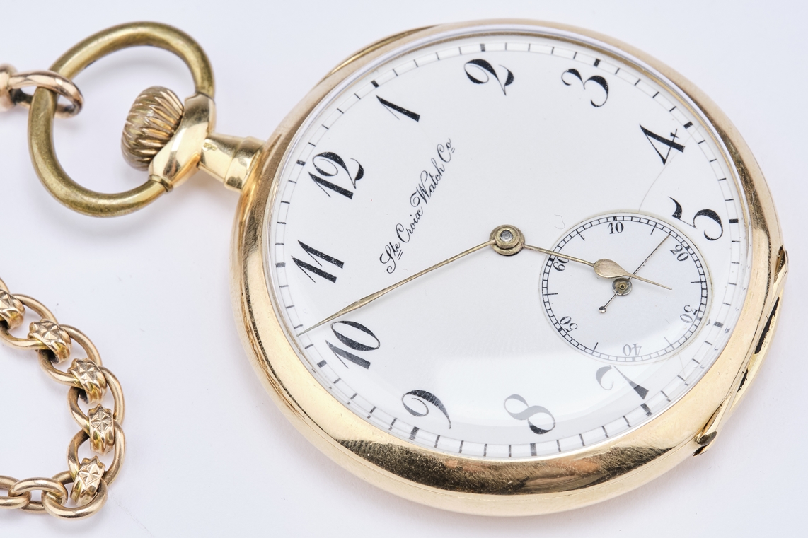 Taschenuhr, wohl England, Gehäuse GG 750, bez. "Ste Croix Watch Co", brutto ca. 72 g, an Uhrenkette - Image 2 of 3