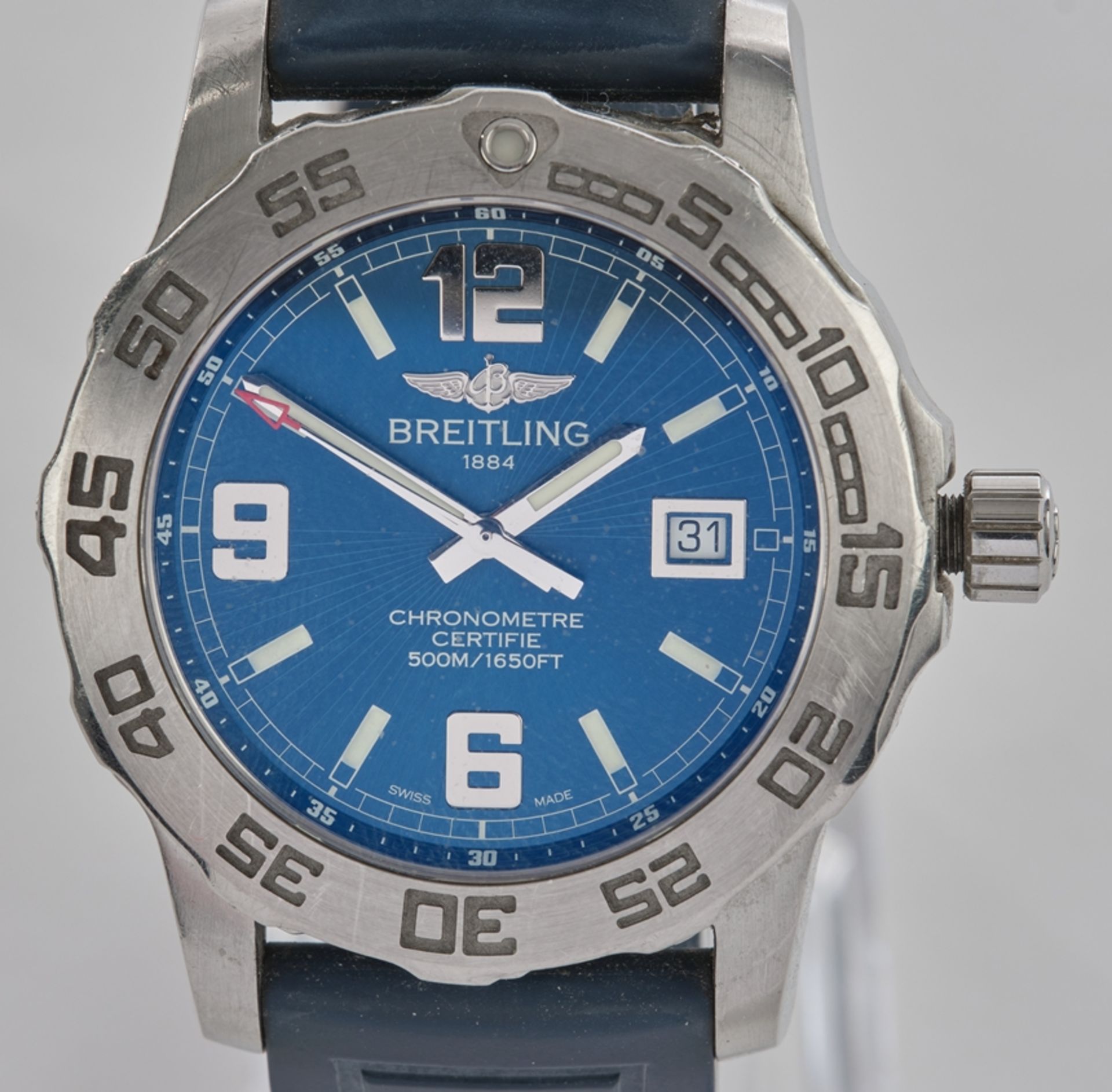 Herrenarmbanduhr, Breitling Colt 44, Chronograph, Ref. A74387, Stahl, blaues Zifferblatt, blaues Ka - Bild 2 aus 8