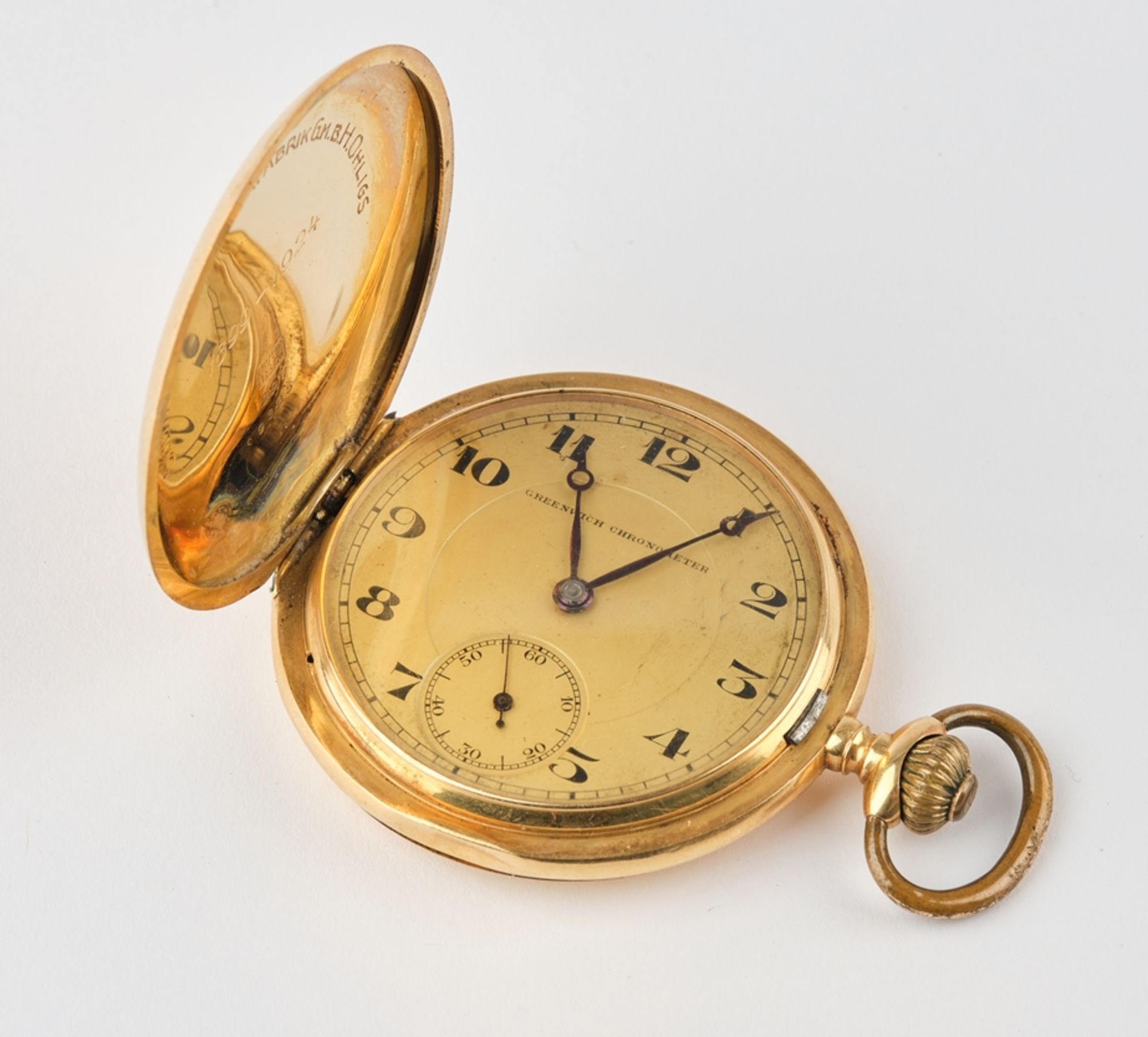 Savonette, bez. "Greenwich Chronometer", 1920er Jahre, Gehäuse GG 750, goldenes Zifferblatt mit ara