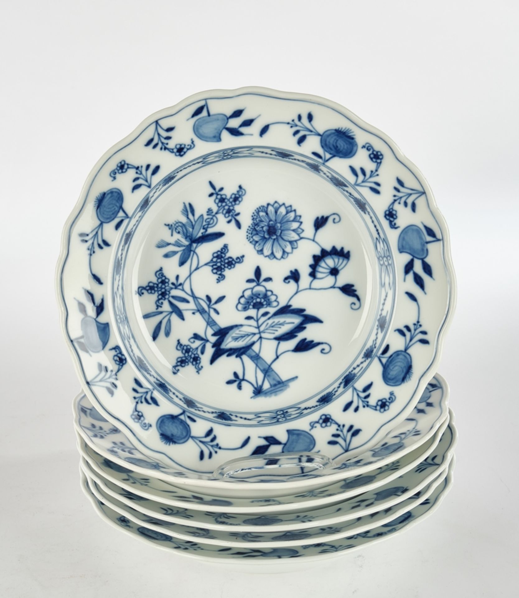 6 Suppenteller, Meissen, Schwertermarke, 1850-1924, 1. Wahl, Zwiebelmuster, ø 23.5 cm