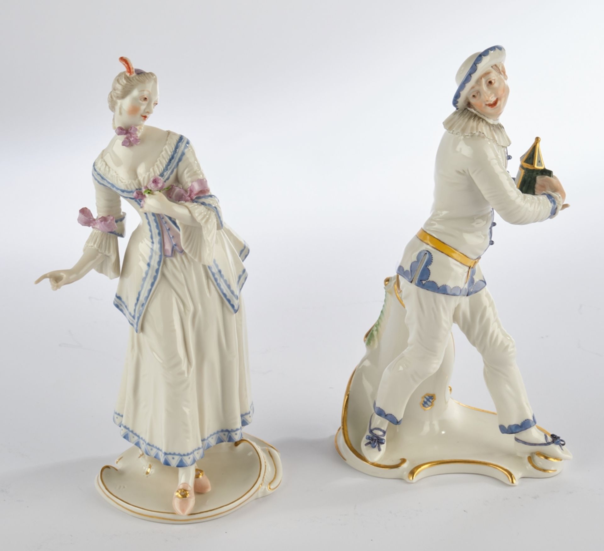2 Porzellanfiguren, "Pierrot", "Lucinda", Nymphenburg, Modellnummern 54/0 und 69/3, polychrom und g