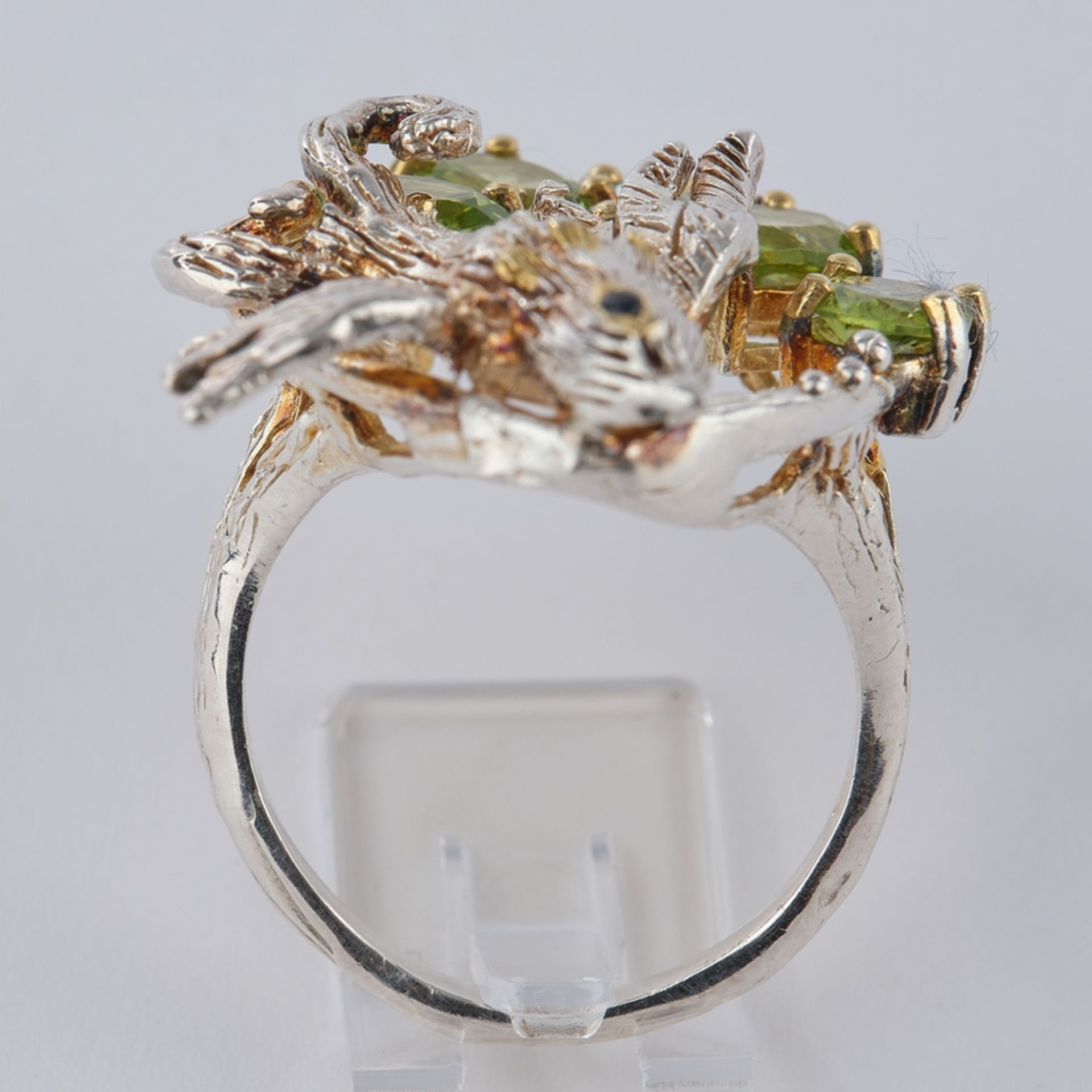 Ring, Vogeldekor, Silber 925, Peridot, Blautopas, Spinell, RM 17, ca. 9.9 g - Bild 3 aus 3