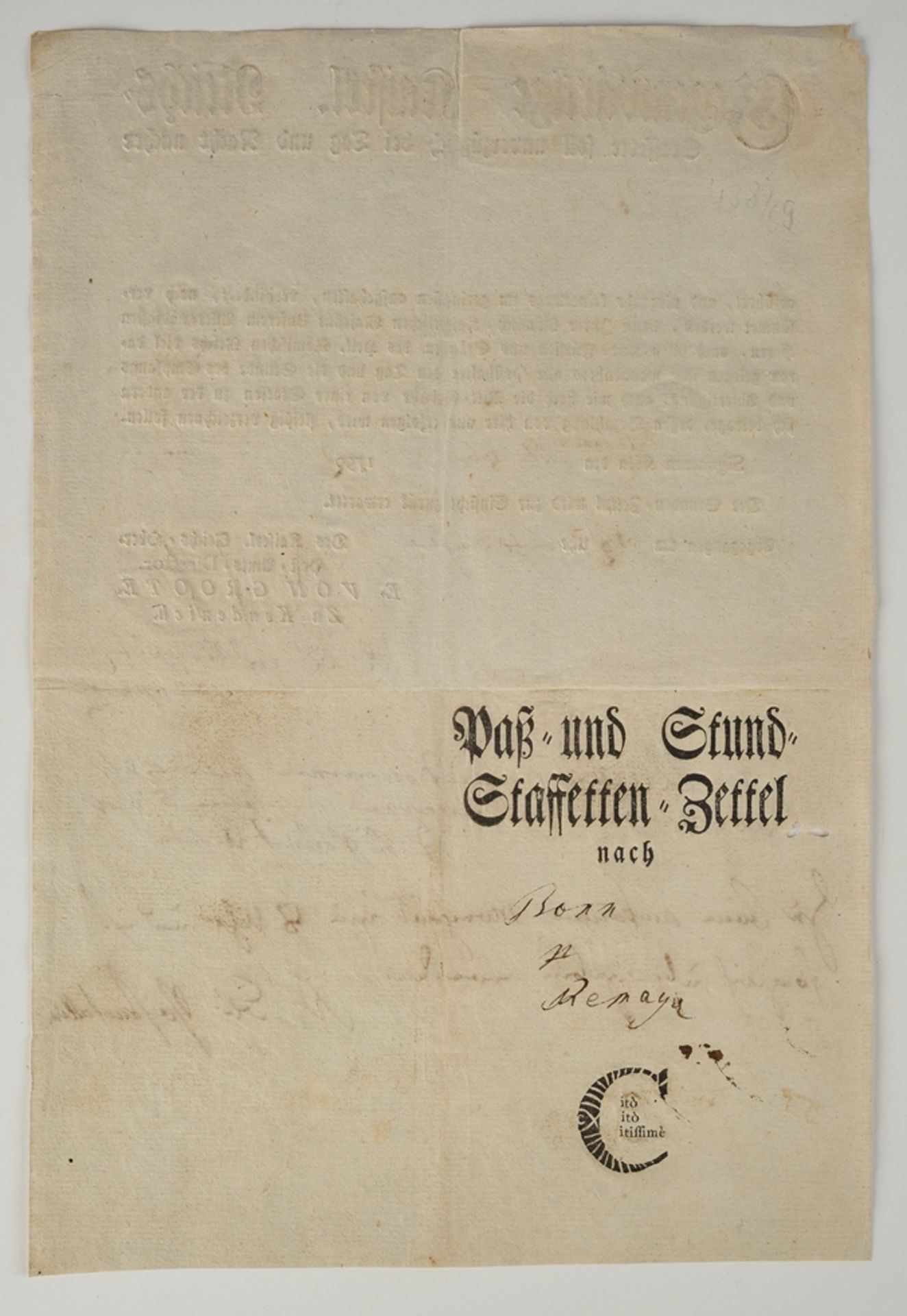 Urkunde, "Paß- und Stund-Staffetten-Zettel - Bonn / Remagen", 1792 (?), ausgestellt in Andernach vo - Bild 2 aus 2