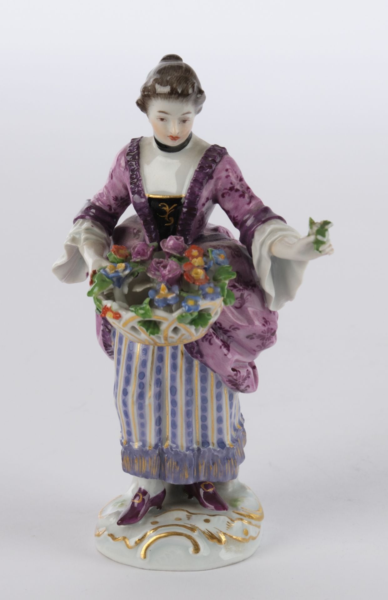 Porzellanfigur, "Blumenverkäuferin", Meissen, Schwertermarke, 1850-1924, 1. Wahl, Modellnummer 28, 