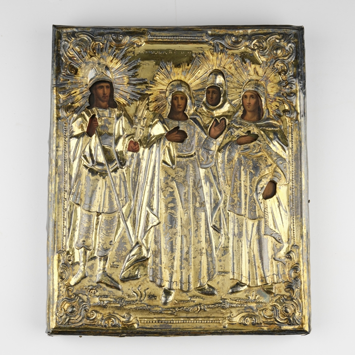 Ikone, "Vier Heilige", Tempera auf Holz, Oklad Silber, Russland, Mitte 19. Jh., unterseitig punzier