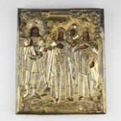 Ikone, "Vier Heilige", Tempera auf Holz, Oklad Silber, Russland, Mitte 19. Jh., unterseitig punzier