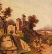 Trumeau, um 1900, Spiegel und Gemälde, "Landschaft mit Figurenstaffage", Öl auf Leinwand, 60 x 60 c