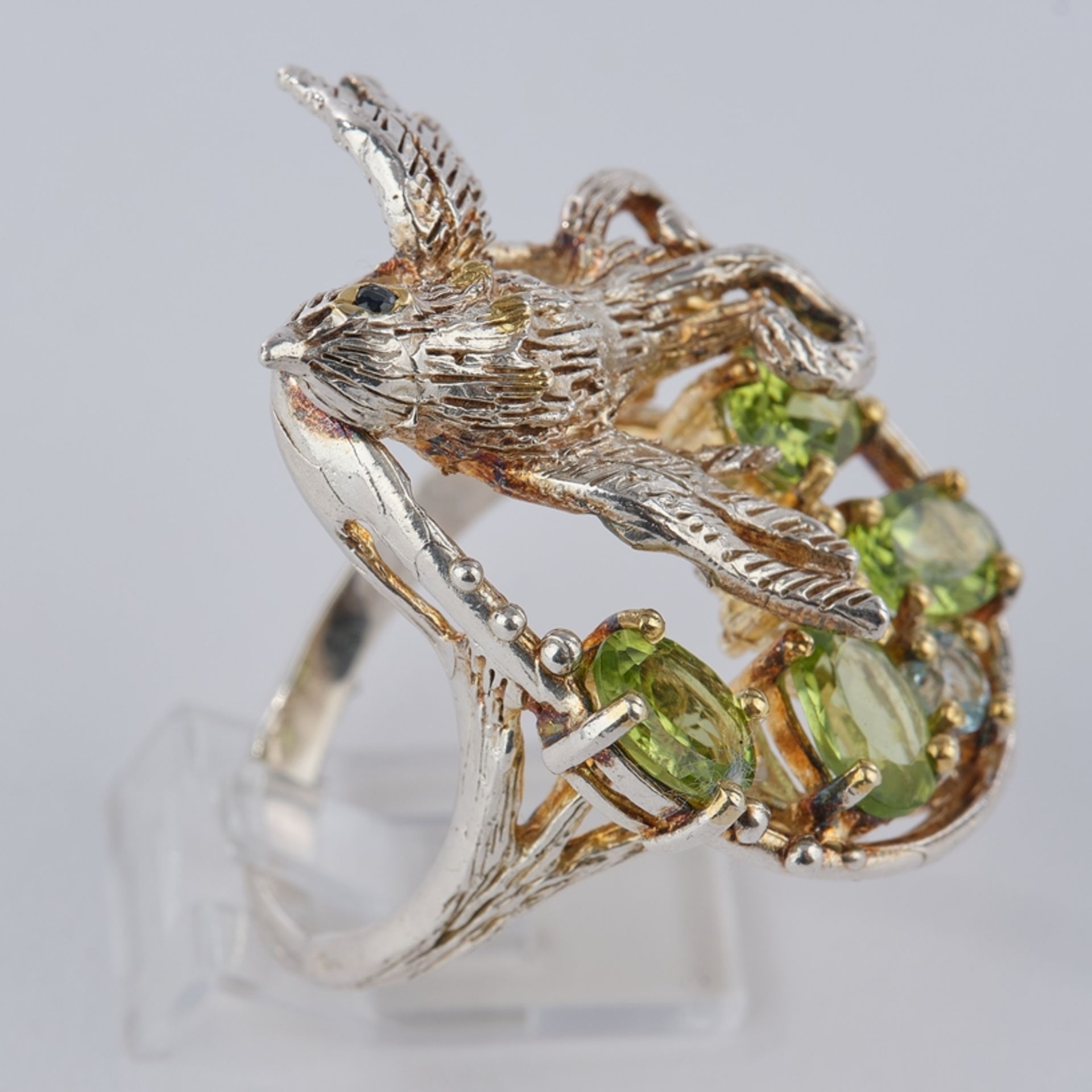 Ring, Vogeldekor, Silber 925, Peridot, Blautopas, Spinell, RM 17, ca. 9.9 g - Bild 2 aus 3