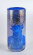 Glasbläserei Schmid, Zwiesel, Vase, Studioglas, Unikat, blau, mit lüstrierendem Überfang, vertiefte