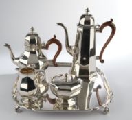 Kaffeekanne, Teekanne, Sahnegießer, Zuckerdose, Tablett, Silber 925, Sheffield, 1969 (Tablett), Lon