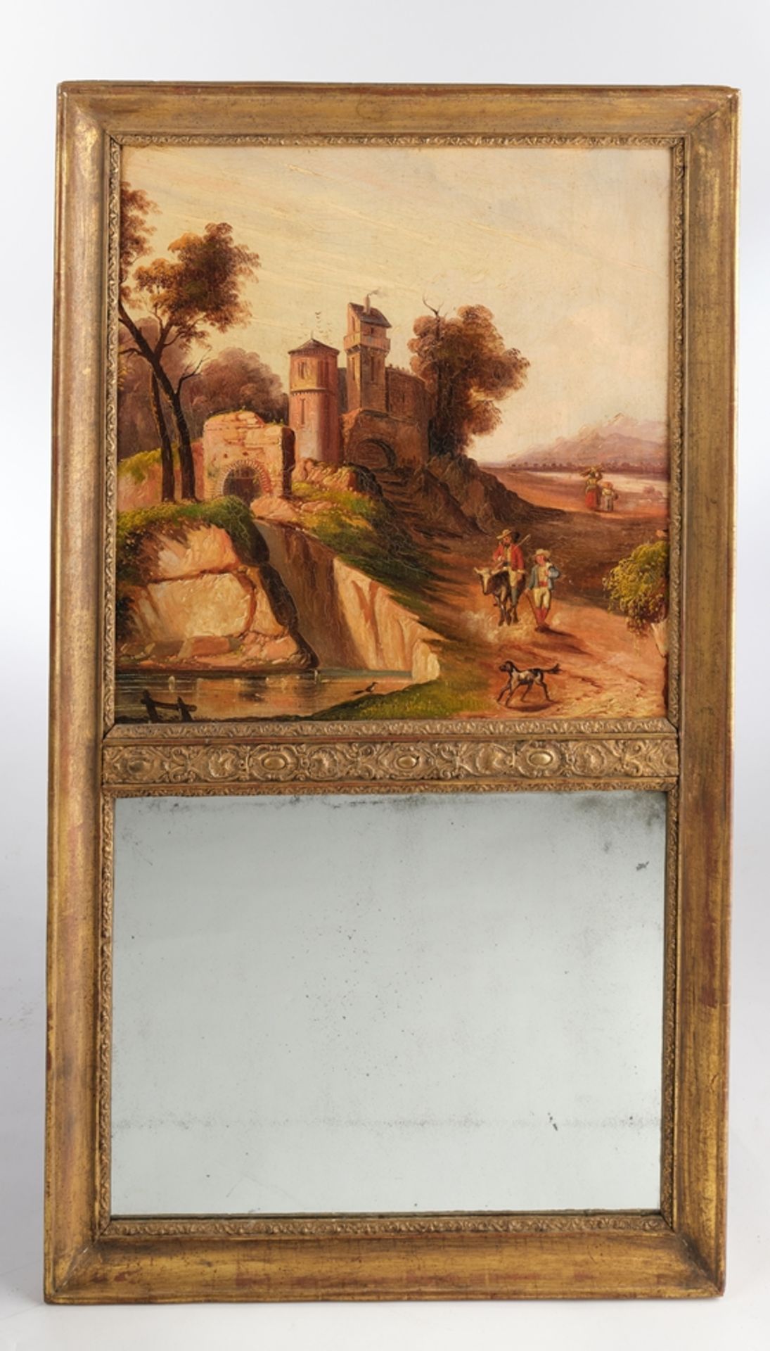 Trumeau, um 1900, Spiegel und Gemälde, "Landschaft mit Figurenstaffage", Öl auf Leinwand, 60 x 60 c - Image 2 of 3