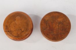 2 Tabakdosen, Frankreich, 1. Hälfte 19. Jh., Boyere-Holz, Rank kehlig gearbeitet, ø je 8.5 cm, einm