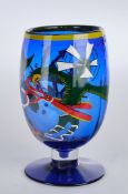 Schlag, Christian, Glashütte Eisch, Vasenobjekt, Studioglas, polychrome Bemalung auf blau transpare