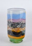 Kreuzer, Max, Vase, Studioglas, Unikat, umlaufender Schichtdekor mit farbiger Landschaft und Silber