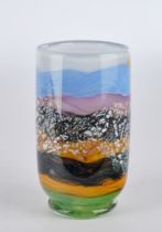 Kreuzer, Max, Vase, Studioglas, Unikat, umlaufender Schichtdekor mit farbiger Landschaft und Silber