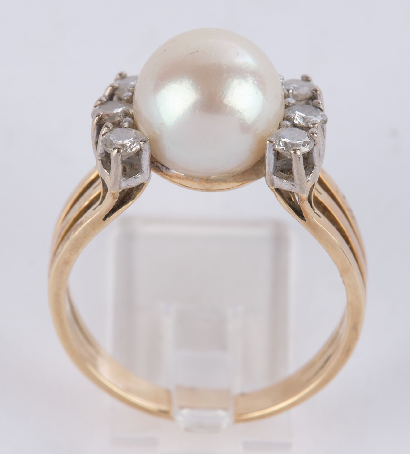 Ring, GG 585, Perle, 6 Brillanten zus. ca. 0.30 ct., 5 g, RM 17 - Bild 3 aus 3