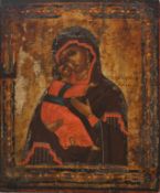 Ikone, "Muttergottes mit Jesuskind", Öl auf Holz auf goldfarbenem Fond, Russland, 19. Jh., oben und