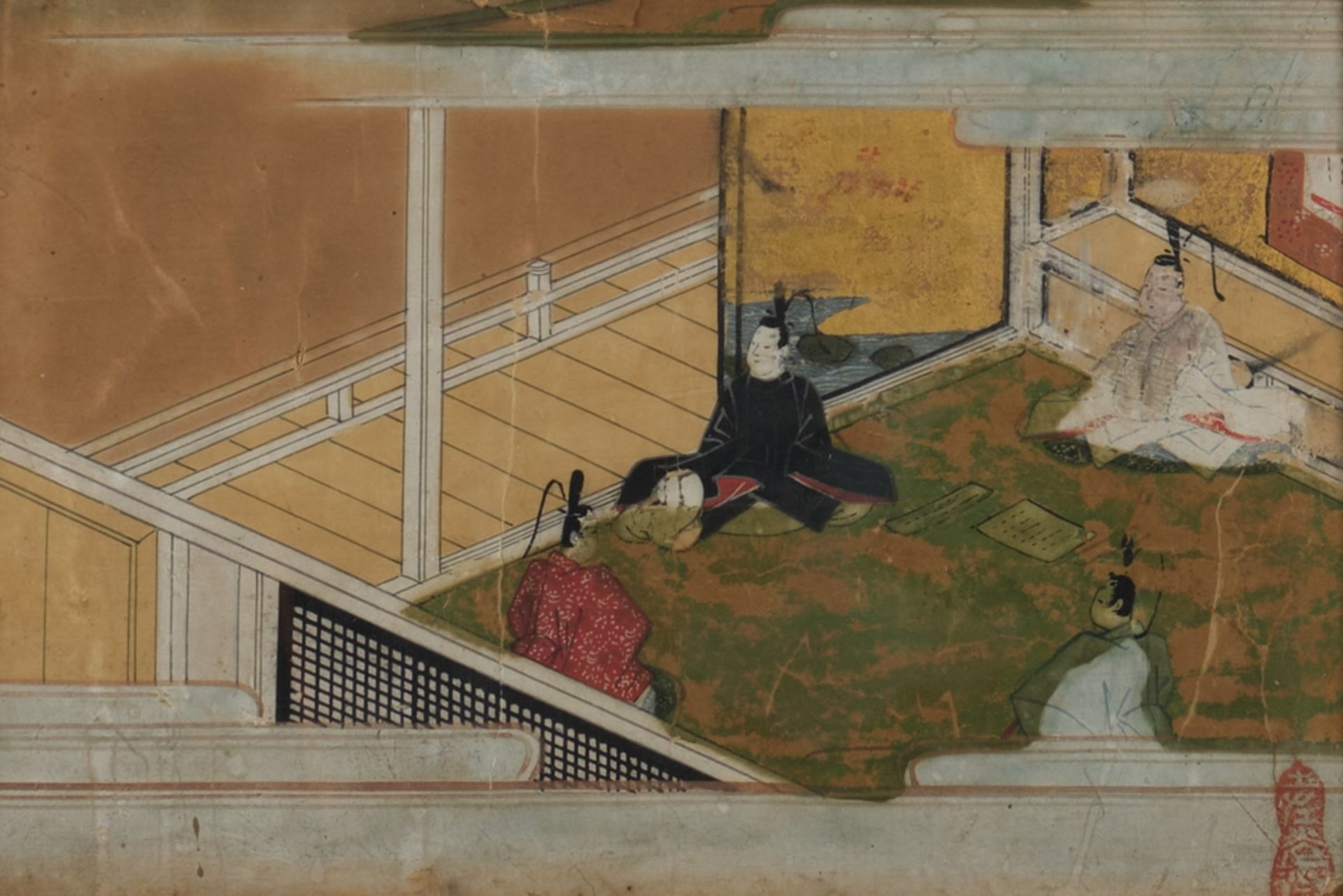 2 Malereien, "Genji-Szene", "Haus im Gebirge", Japan, 19. Jh., 1x Farbe auf Papier im Tosa-Stil, 1x - Bild 7 aus 9
