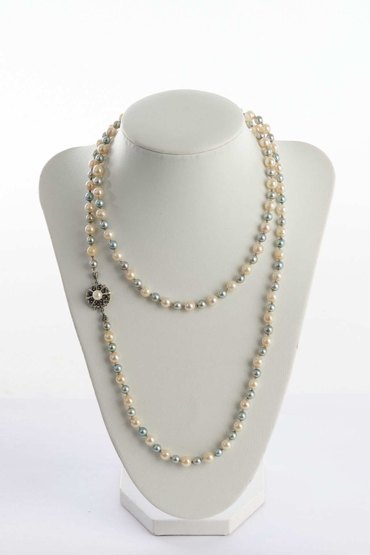 Perlenkette, Schließe WG, 585, mit Saphir und Perle, mit weißen und grauen Perlen, Länge ca. 91cm, 