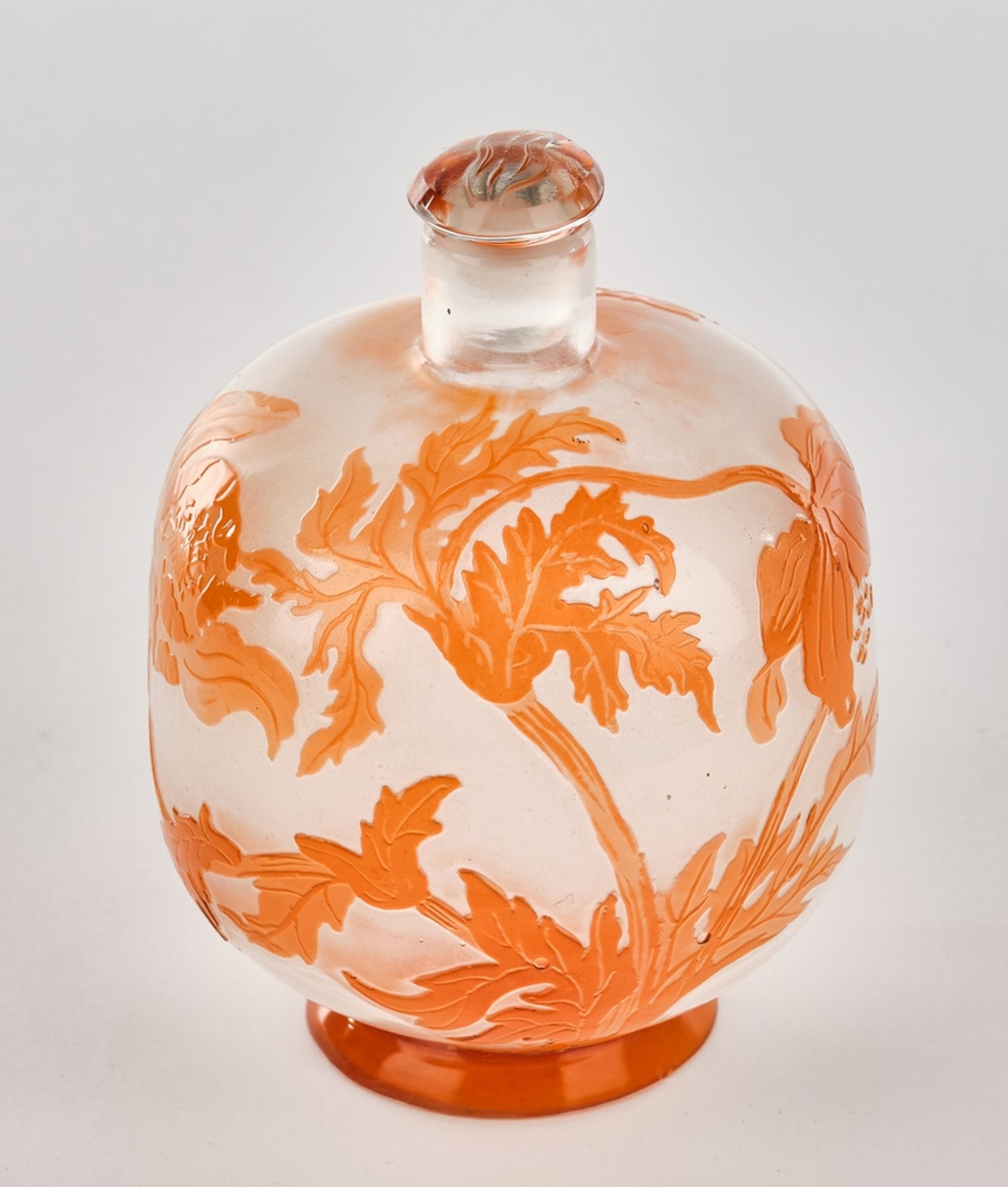 Flakon, Emile Gallé, Nancy, um 1905, Glas, orangefarbener Überfangdekor mit Mohnblüten, blanker Fon