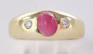 Ring, GG 585, Rubincabochon, zwei Brillanten, 3.37 g, RM 51