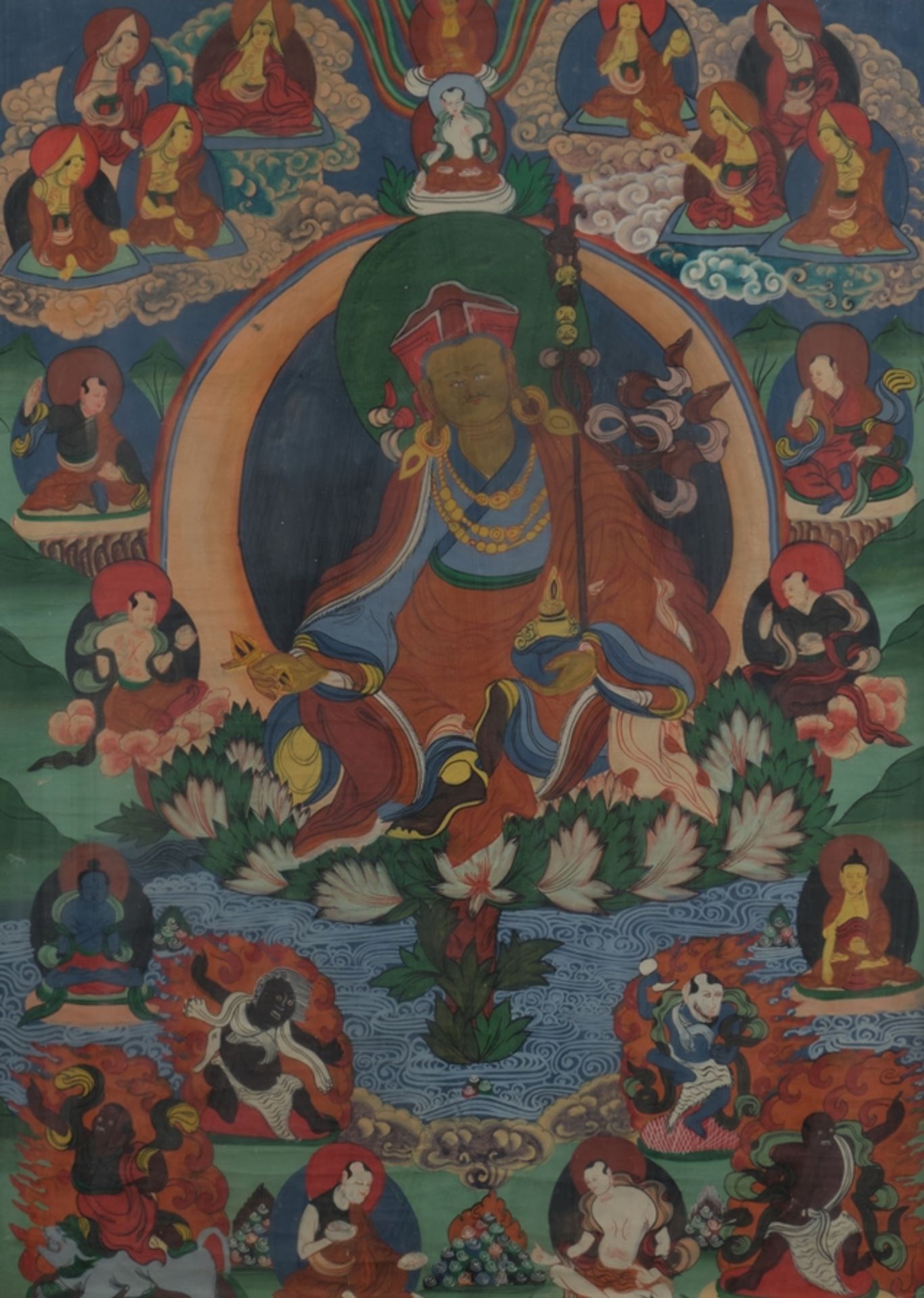 Thangka, Tibet/Nepal, neuzeitlich, Farbe auf Textil, Padmasambhava mit seinen yoginis als Guru Rinp