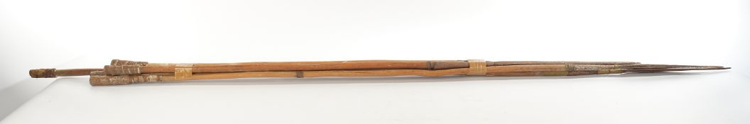 5 Jagdspeere, Äthiopien, Afrika, um 1900, Eisen, Holz, verschieden, Gegengewichte, 145-205 cm hoch,