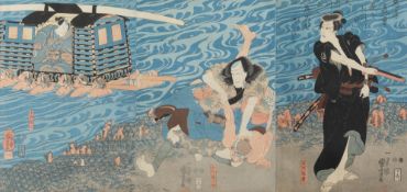 Farbholzschnitt, "Kampf an den Ufern des Oi-Flusses", Triptychon, Japan, 19. Jh., Utagawa Kuniyoshi