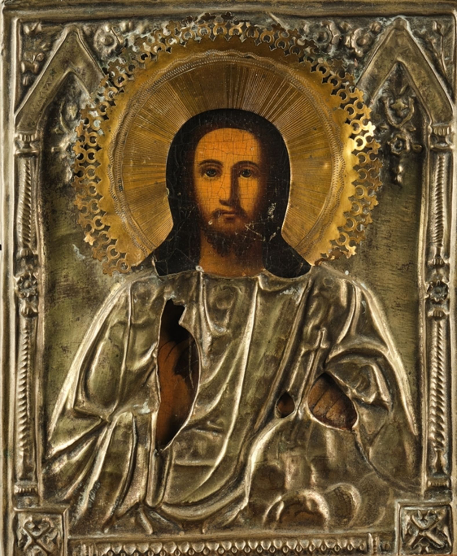 Ikone, Tempera auf Holz, Messingoklad, "Christus Pantokrator", 19. Jh., 23 x 18.5 cm, übergangen