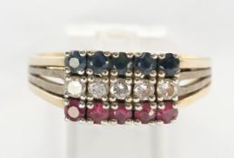 Ring, WG/GG 585, 5 Saphire, 5 Rubine, 5 Brillanten zus. ca. 0.30 ct., etwa lupenrein, ca. 5.8 g, RM