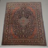 Keshan, Iran, blaugrundig, älter, ca. 3.60 x 2.70 m, Flor reduziert, Fransen abgelaufen