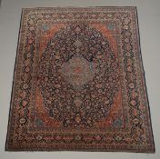 Keshan, Iran, blaugrundig, älter, ca. 3.60 x 2.70 m, Flor reduziert, Fransen abgelaufen