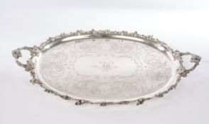 Vorlegeplatte, Silber 13-lötig, 19. Jh., E.S & Co., Weinlaubdekor, ovale Form mit zwei Handhaben, S